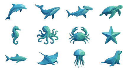 Fototapeta premium Polygonal collection of various sea animals in a modern low-poly 3D style, featuring a dolphin, whale, shark, turtle, octopus, crab, and seahorse