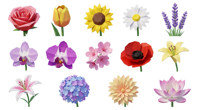 Collection of various colorful low poly flowers in a geometric 3D style, featuring a rose, tulip, sunflower, orchid, poppy, lily, and lotus in a beautiful floral set