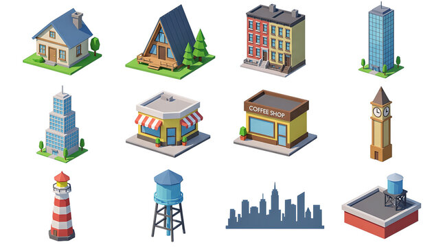 Collection of isometric low poly buildings and city elements for urban simulation, featuring houses, skyscrapers, a coffee shop, a lighthouse, and a water tower in a clean 3D style