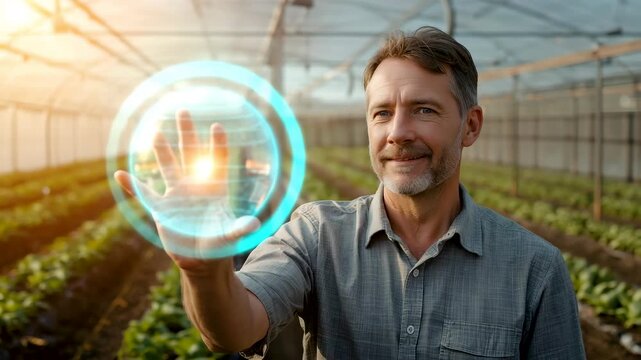 Farmer standing inside greenhouse touching a glowing holographic sphere with visible orange light at its center over planted rows