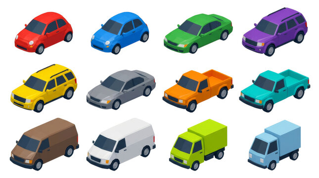 Colorful collection of various low-poly vehicles including cars, trucks, and vans is displayed in a neat grid from a high-angle isometric perspective