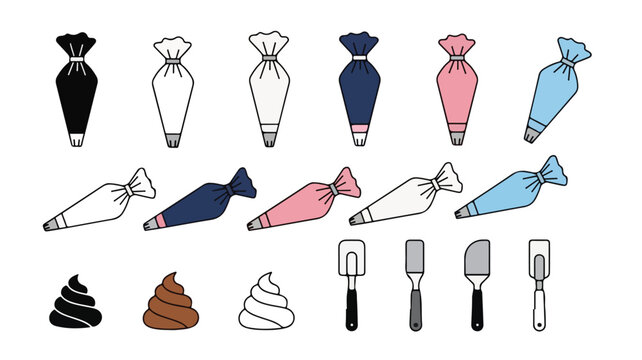 Flat lay illustration of various icing bags and decorating tools for cake decorating on a white background.