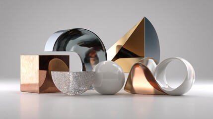 Abstract set of 3D shapes featuring mixed geometric elements with reflective glossy finishes, softly lit to emphasize depth and curvature, positioned on a clean background for a premium high-resolutio