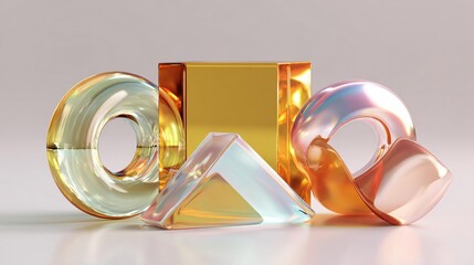 Abstract set of 3D shapes featuring mixed geometric elements with reflective glossy finishes, softly lit to emphasize depth and curvature, positioned on a clean background for a premium high-resolutio
