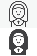 Nun smiling line and solid different style vector icon set