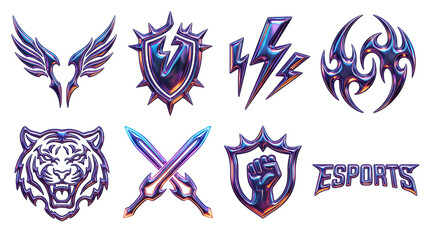 Collection of iridescent chrome esports emblems featuring wings, a shield, a tiger, and swords with a futuristic metallic finish and vibrant purple and blue neon highlights for gaming logos