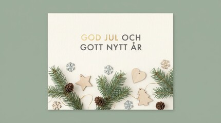 Festive Swedish Christmas and New Year's greeting card with gold typography is decorated with pine branches, wooden ornaments, pinecones, and snowflakes in a minimalist flat lay