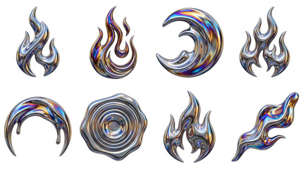 Obraz premium Collection of eight iridescent 3D shapes with a liquid metal texture and holographic finish, featuring abstract flame, moon, and fluid forms in a modern, futuristic style