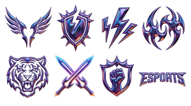 Collection of iridescent chrome esports emblems featuring wings, a shield, a tiger, and swords with a futuristic metallic finish and vibrant purple and blue neon highlights for gaming logos