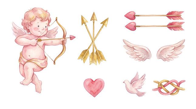 Watercolor collection of Valentine's Day symbols featuring a cute cupid with a bow, golden arrows, pink hearts, angel wings, a dove, and a romantic love knot illustration
