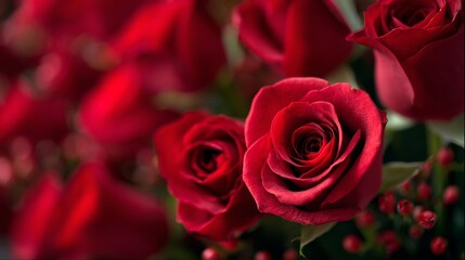 A close-up view of vibrant red roses in full bloom. The roses are in sharp focus, with the petals and texture beautifully detailed