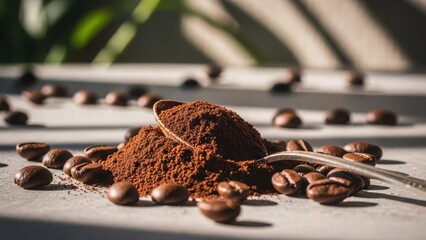 A wooden spoon filled with rich dark ground coffee sits atop a pile of coffee grounds surrounded by roasted coffee beans