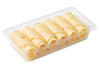 Rolled Slices of Yellow Cheese in a Clear Plastic Tray - Isolated Transparent Background