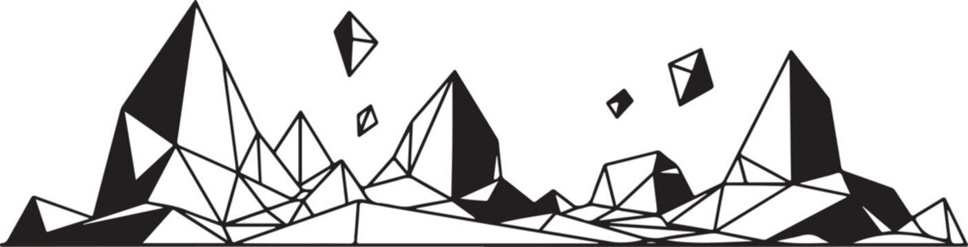 Abstract geometric mountain landscape with floating cubes