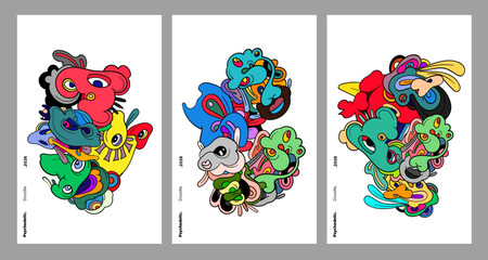 Abstract colorful doodle art design, psychedelic cartoon, pattern seamless background texture vector