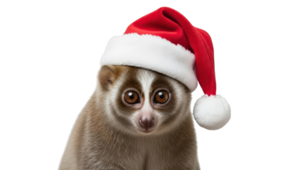 Cute Slow Loris wearing a festive red Santa hat, looking at camera isolated PNG with Transparent Background