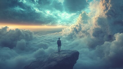 Fototapeta premium Man on Cliff Above Clouds