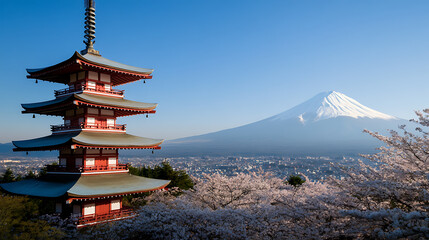 Panoramic view of a Japanese pagoda with Mount Fuji in the backdrop against a clear blue sky. Cherry blossoms frame the foreground, adding a touch of serene beauty.