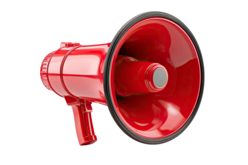Vibrant red megaphone for public announcements and marketing campaigns isolated on transparent background