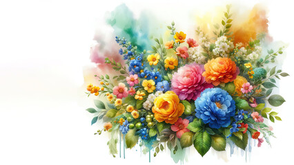 Obraz premium Flowers, bouquet, green leaves, the background has a soft, abstract wash of colors, watercolor painting, orange, yellow, blue, green highlights, green leaves, yellow highlights. Greeting card
