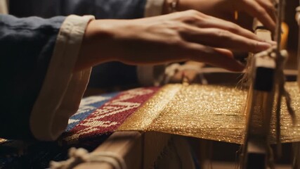 Hands weave intricate fabric on a traditional loom, creating a detailed textile. This footage is suitable for historical crafting documentaries or bible testament video.