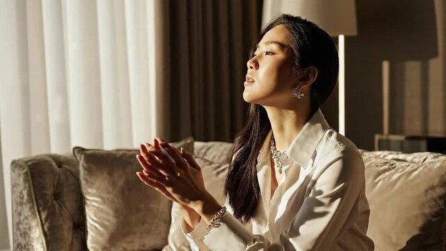 Woman Praying in Luxurious Interior with Soft Golden Light Streaming Through Curtains