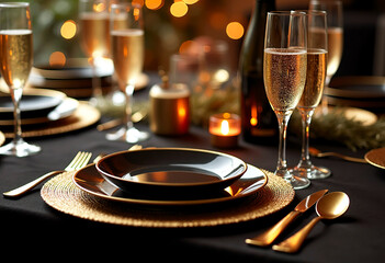A glamorous New Year's Eve tablescape with a black tablecloth, gold cutlery, and crystal champagne flutes. Sophisticated and dark.