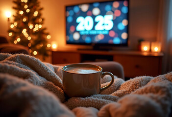 There's a blanket and hot cocoa on the couch, and the numbers 2025 are on the TV in the background.