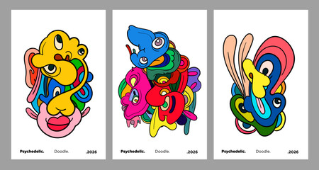 Abstract colorful doodle art design, psychedelic cartoon, pattern seamless background texture vector