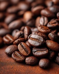 Fototapeta premium Roasted coffee beans macro close up brown texture caffeine beverage ingredient food photography