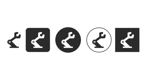 Industrial robotic arm icon set for automation technology designs | Minimalist silhouette of mechanical assembly line robot hand | Modern flat design factory automation symbols | Black and white 