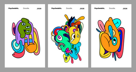 Abstract colorful doodle art design, psychedelic cartoon, pattern seamless background texture vector