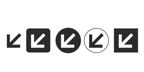 Obraz premium Down-left diagonal arrow icon set for UI design | Vector graphics for download and direction indicators | Five variations of corner arrow symbol glyph | Modern interface element pointer icons bundle