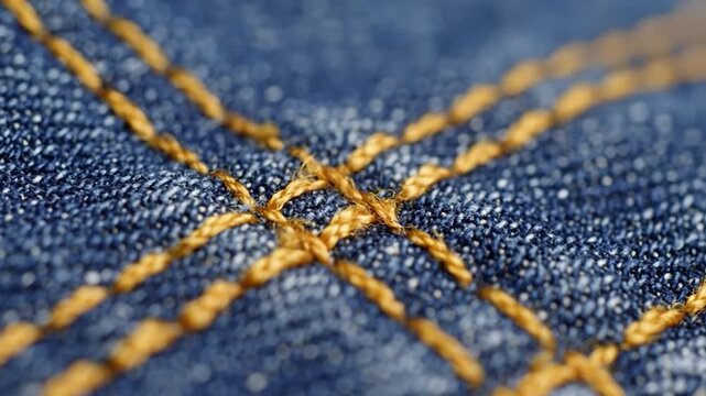Blue denim fabric texture with orange stitching macro close up textile material pattern