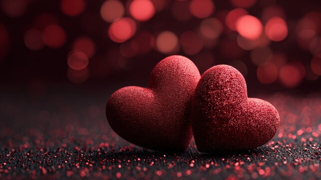 Two red hearts with bokeh background, representing love and romance
