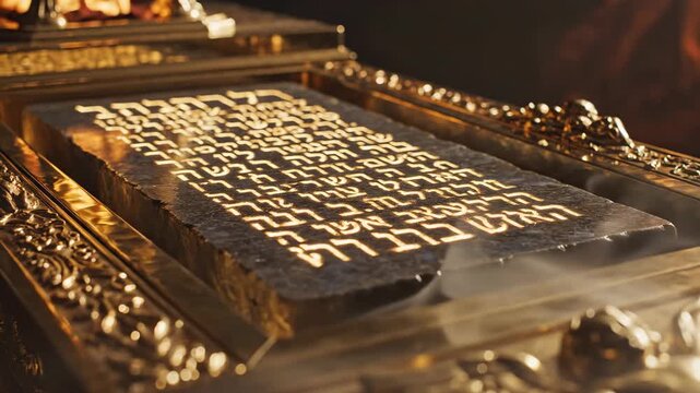 Sacred golden ark holds ancient stone tablets featuring glowing Hebrew script, evoking deep spiritual reverence. This solemn depiction represents original bible testament