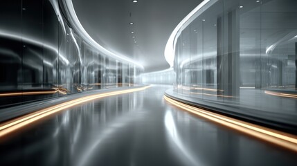 Futuristic interior with curved glass walls and soft, glowing lights