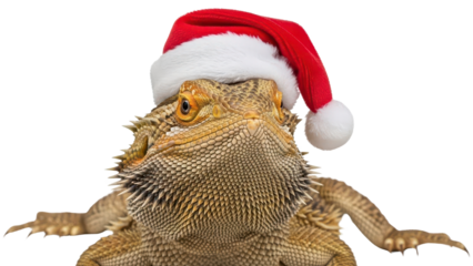 Cute Bearded Dragon Pet wearing Red Santa Hat. Christmas Holiday Animal Portrait. isolated PNG with Transparent Background