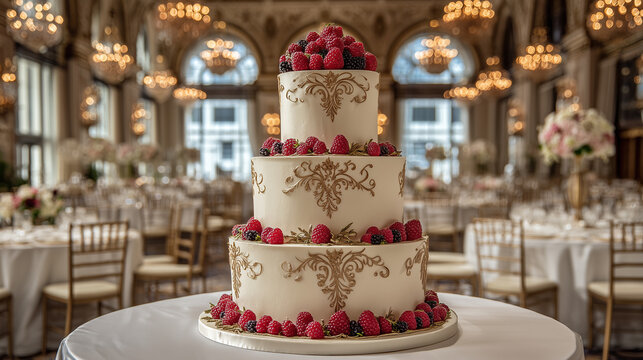 Beautiful wedding cake with roses in elegant ballroom - Powered by Adobe