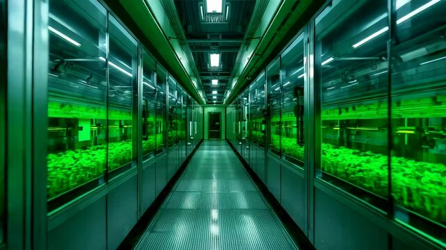 Long corridor of indoor hydroponic growth chambers filled with bright green plants under strong overhead lighting in a controlled facility