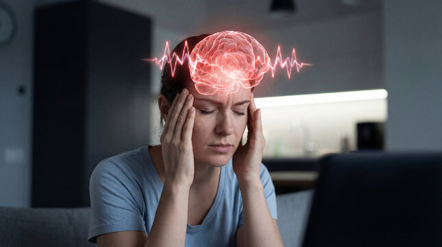Digital composite of Woman suffering from headache while working with laptop at home