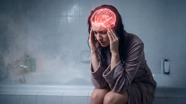 Young woman suffering from headache sitting in bathtub with brain highlighted in red