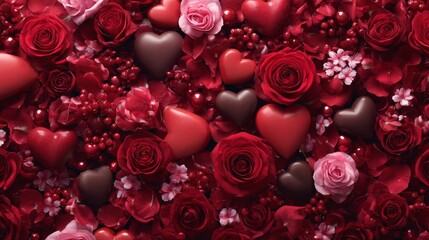 A stunning collection of roses and chocolate hearts, expressing love and romance, a visual feast for the eyes. The composition includes heart shapes and petals creating a beautiful and romantic image