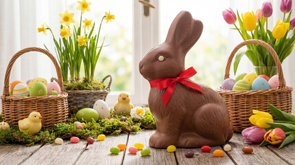 Easter chocolate bunny with tulips and easter eggs on wooden table