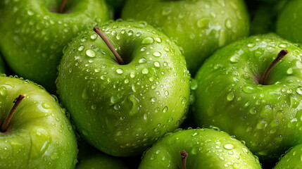 Group of green apples with natural dew drops
