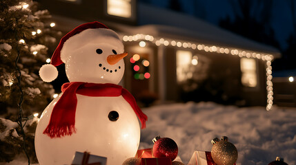 Festive winter scene with a cheerful illuminated snowman wearing a Santa hat and scarf, surrounded by gifts and ornaments, set against a snowy backdrop with cozy house lights.