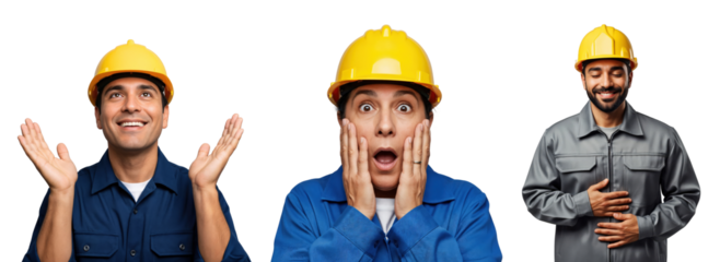 Diverse group of construction workers in yellow hard hats expressing various emotions like joy, surprise, and amusement against a transparent background