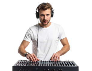 Calm male streamer checking audio levels on digital mixer with serious expression, isolated on a transparent background, PNG