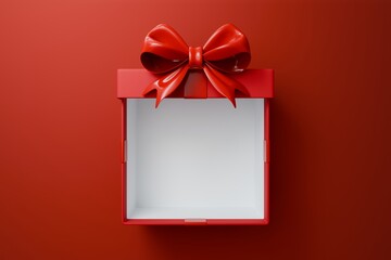 Front-facing view of an open red empty gift box with a prominent red  bow sitting on top, set against a monochromatic red background.