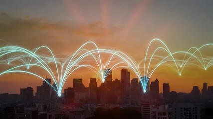 Digital network connections over city skyline at sunset - Powered by Adobe